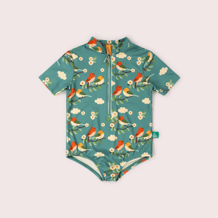 Turquoise Birds UPF 50 Recycled Short Sleeve Swimsuit