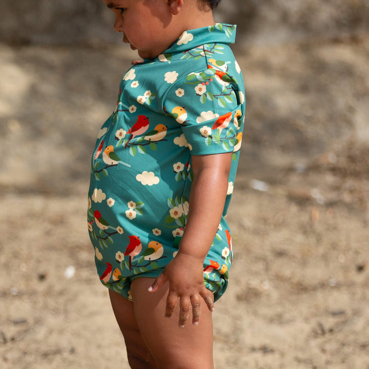 Turquoise Birds UPF 50 Recycled Short Sleeve Swimsuit