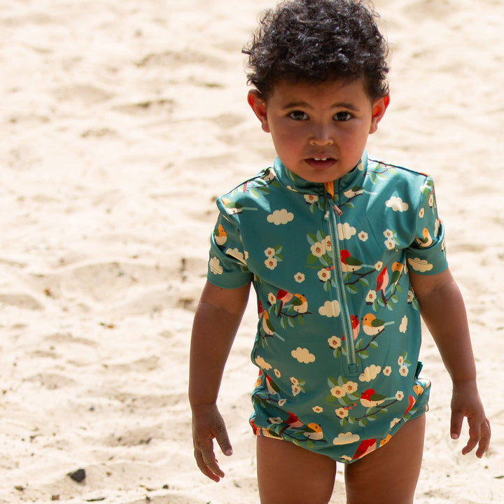 Turquoise Birds UPF 50 Recycled Short Sleeve Swimsuit