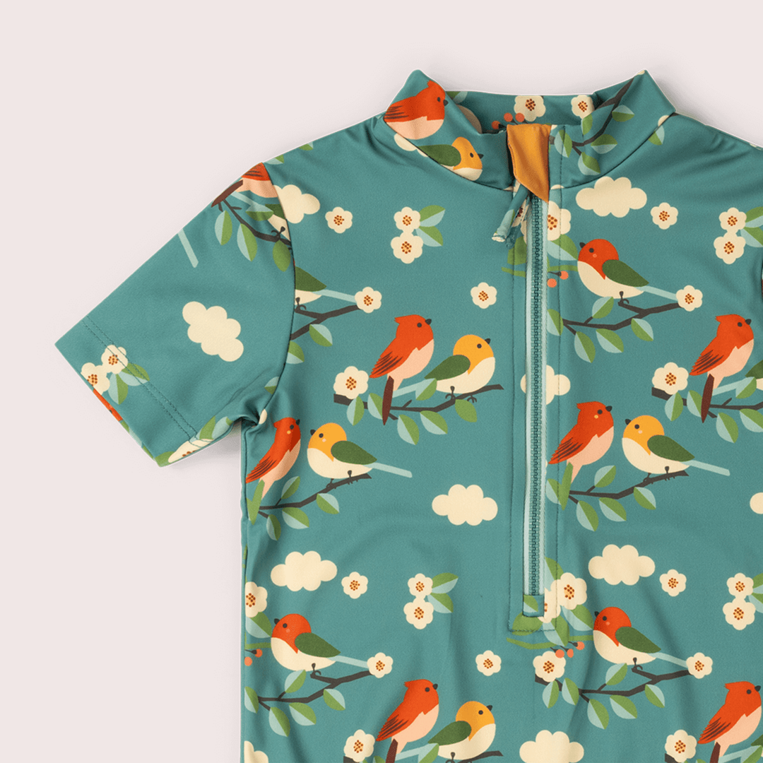 Turquoise Birds UPF 50 Recycled Short Sleeve Swimsuit