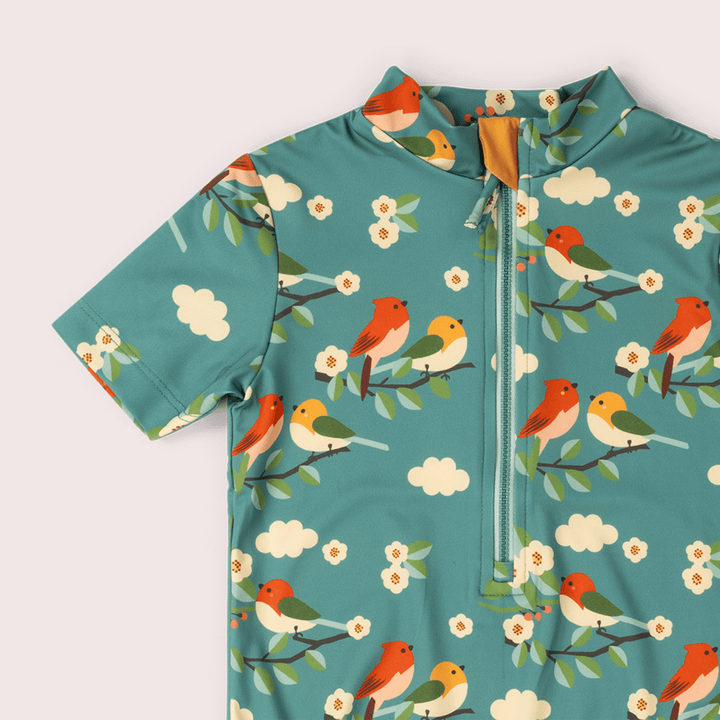 Turquoise Birds UPF 50 Recycled Short Sleeve Swimsuit