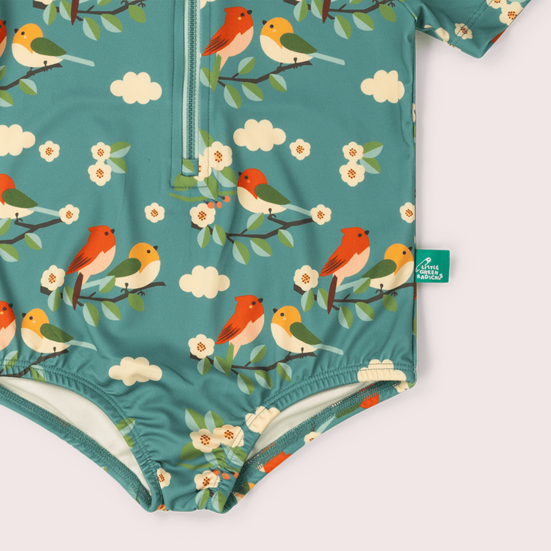 Turquoise Birds UPF 50 Recycled Short Sleeve Swimsuit