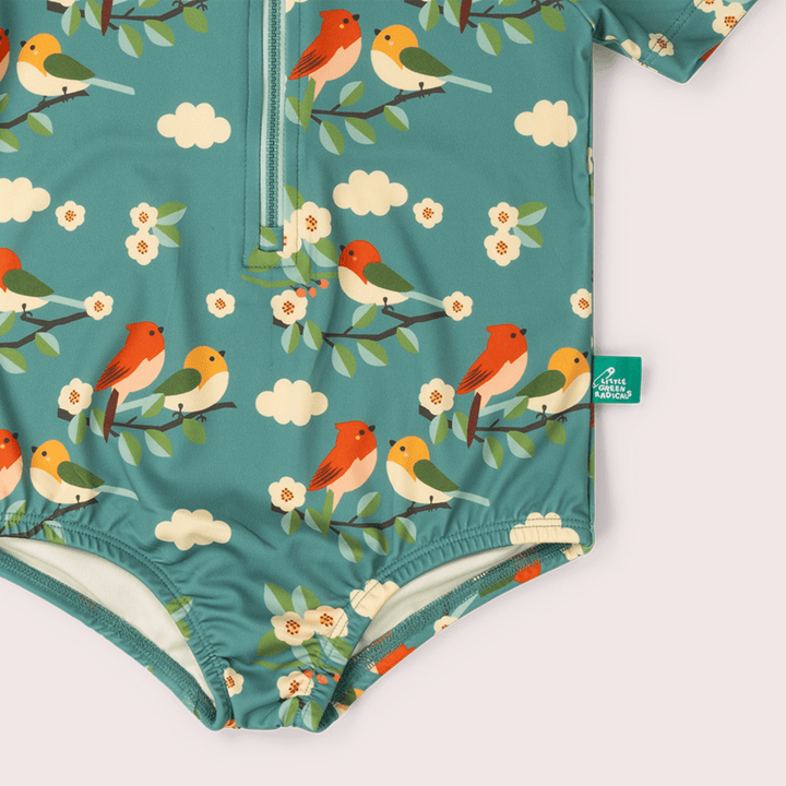 Turquoise Birds UPF 50 Recycled Short Sleeve Swimsuit
