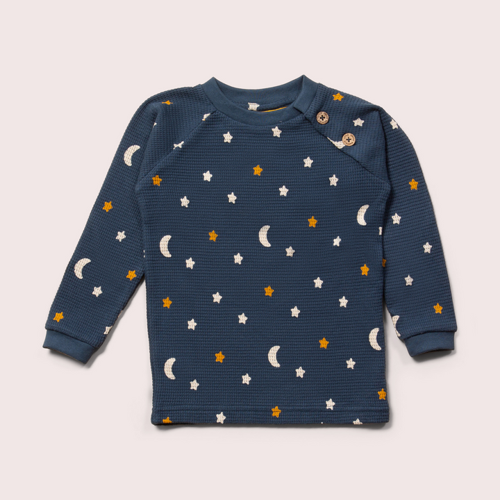 Navy Waffle Stars Long Sleeve Button Raglan Top