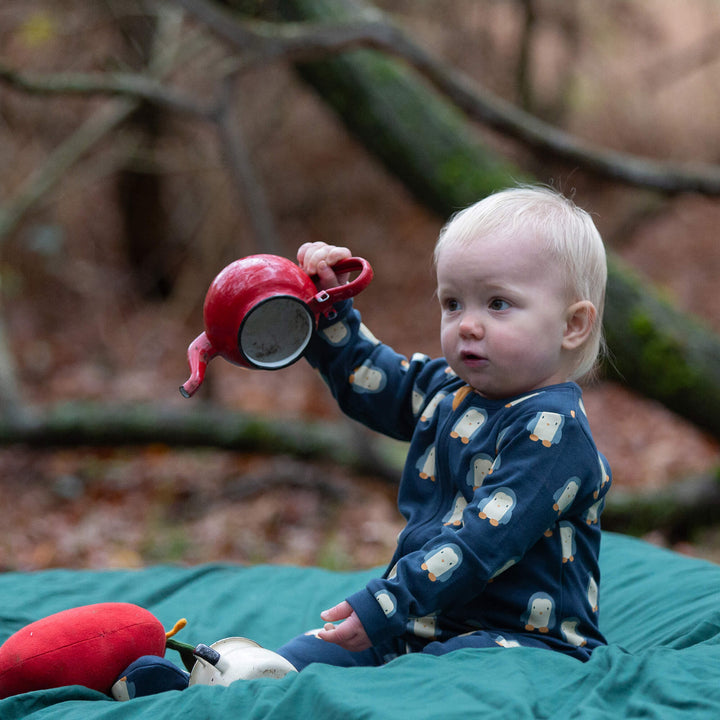 Blue Penguins Zip Organic Babygrow Navy / 12-18m