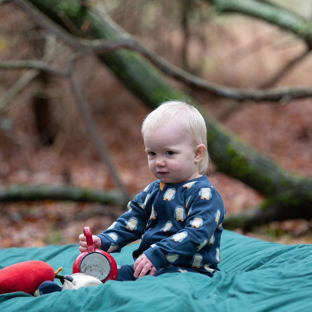 Blue Penguins Zip Organic Babygrow Navy / 12-18m