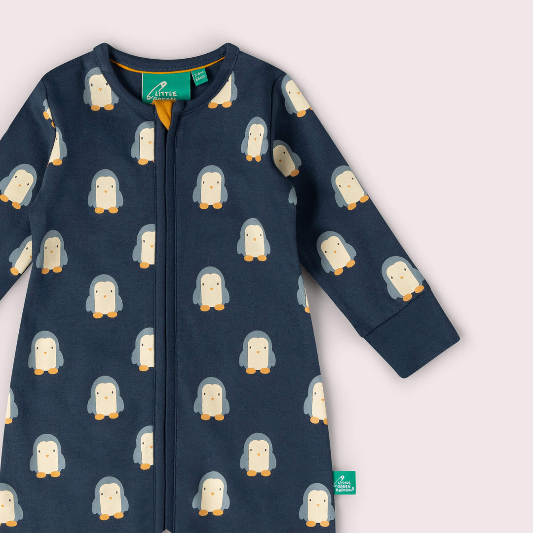 Blue Penguins Zip Organic Babygrow Navy / 12-18m
