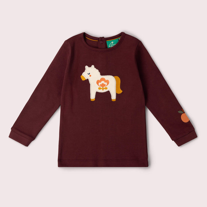 Folk Horse Applique Long Sleeve T-Shirt Brown / 4-5y