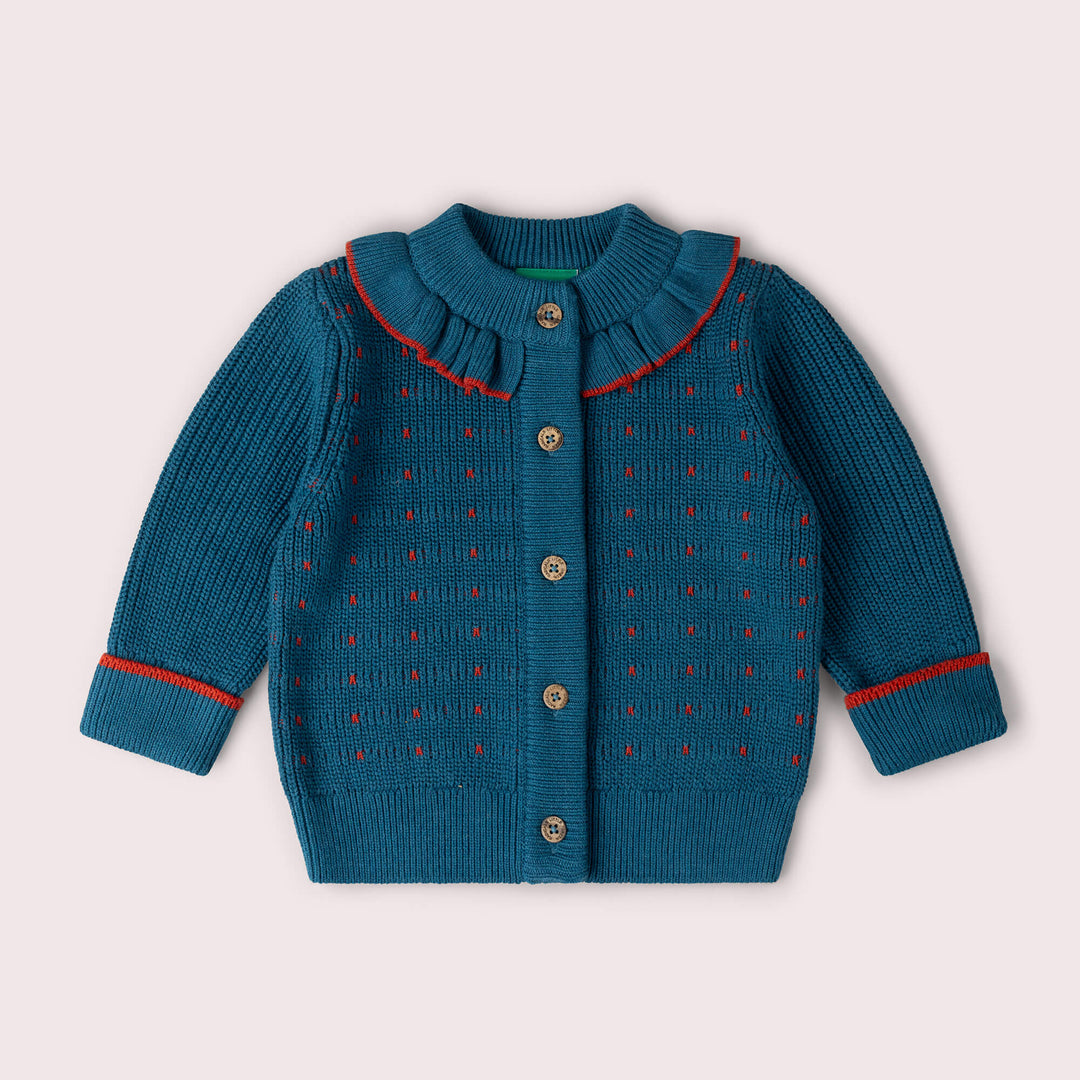 Midnight Frill Snuggly Knitted Cardigan Blue / 7-8y