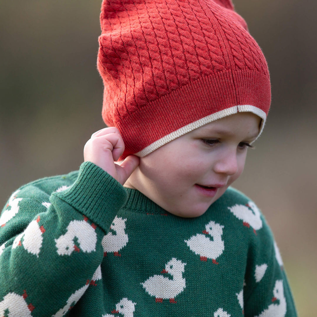 Burnt Ochre Knitted Beanie Hat Red / 5-8y