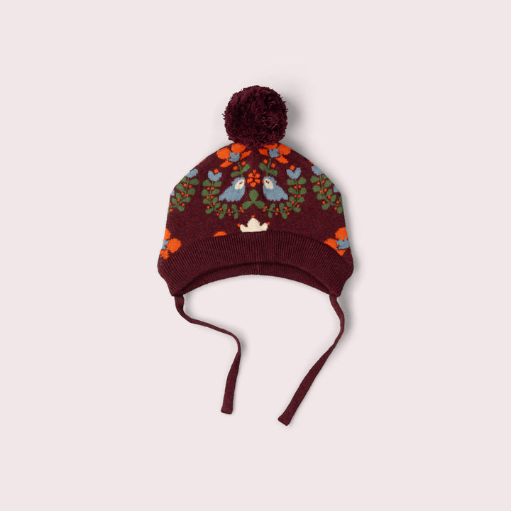 Folk Birds Knitted Bobble Hat Purple / 5-8y