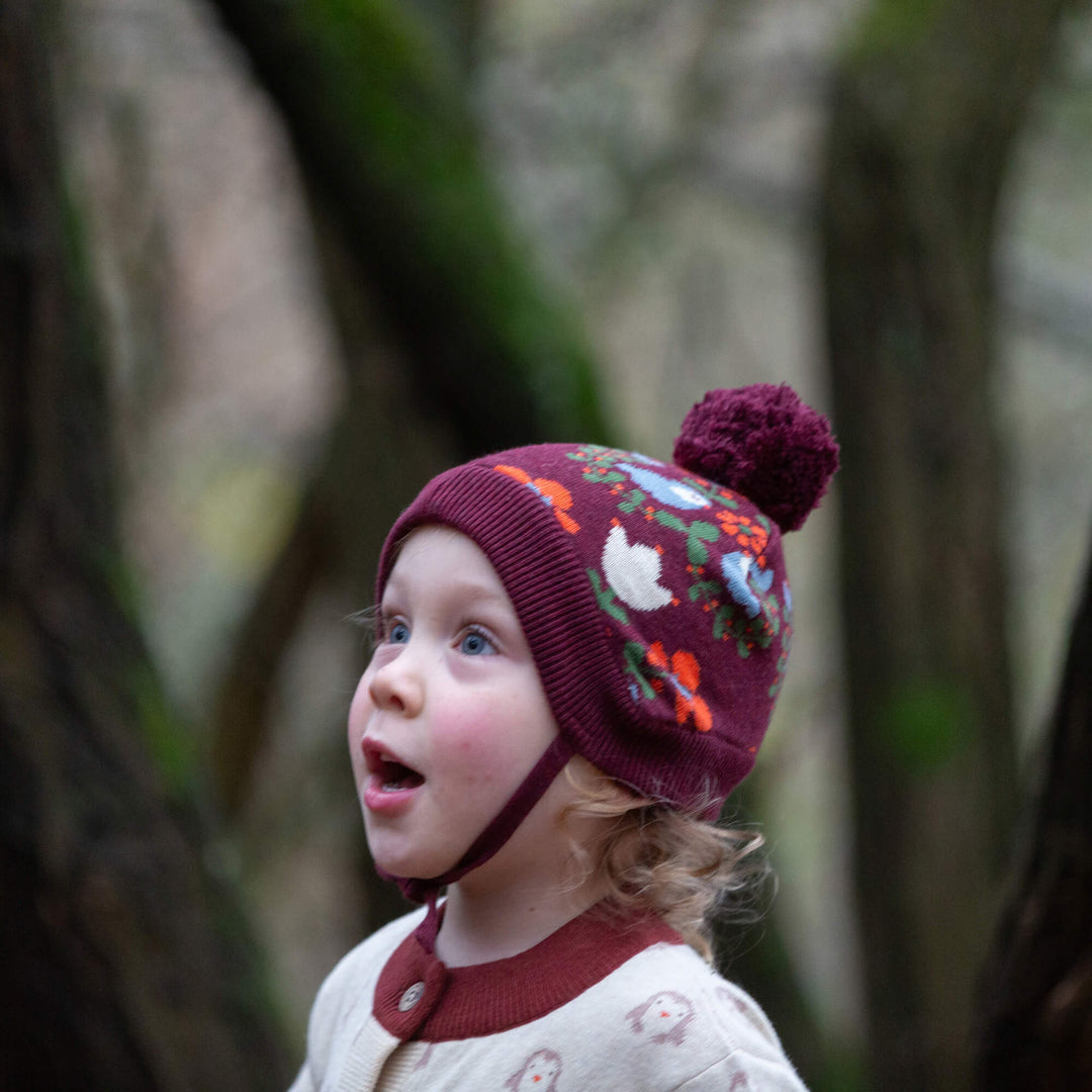Folk Birds Knitted Bobble Hat Purple / 5-8y