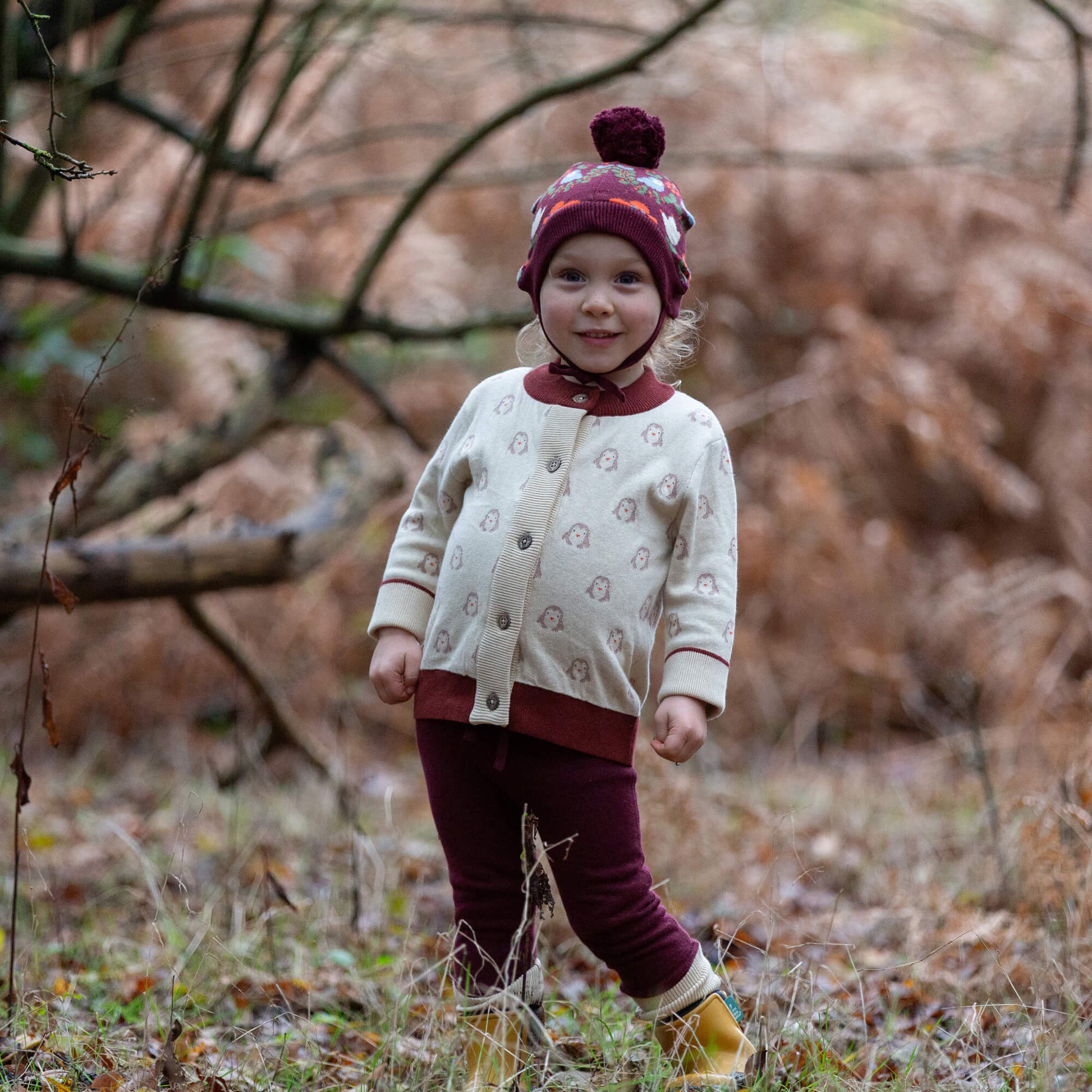 Folk Birds Knitted Bobble Hat Purple / 5-8y