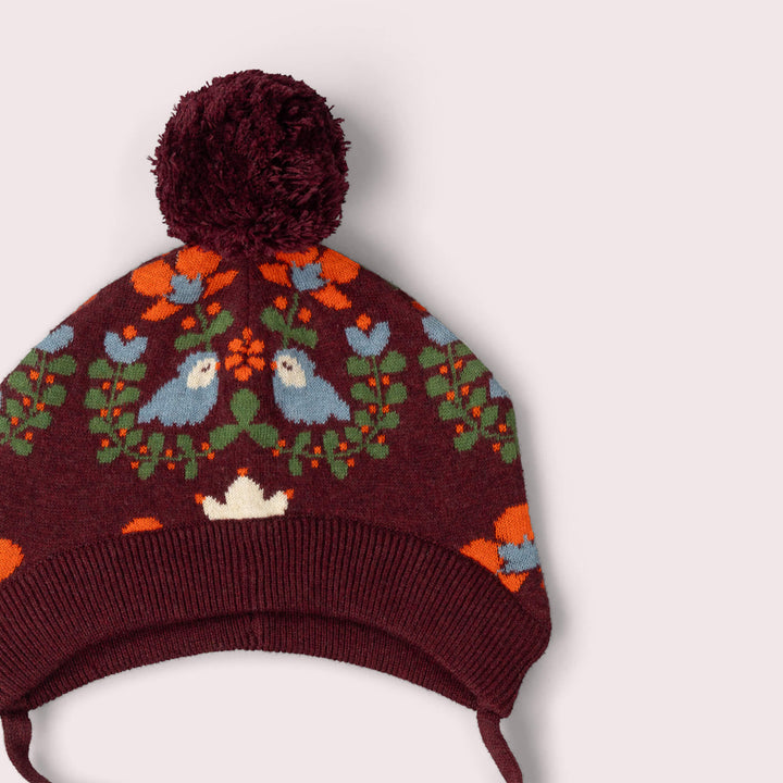 Folk Birds Knitted Bobble Hat Purple / 5-8y