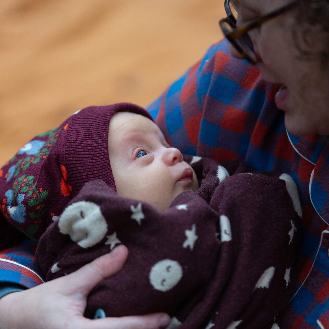 Folk Birds Knitted Bobble Hat Purple / 5-8y