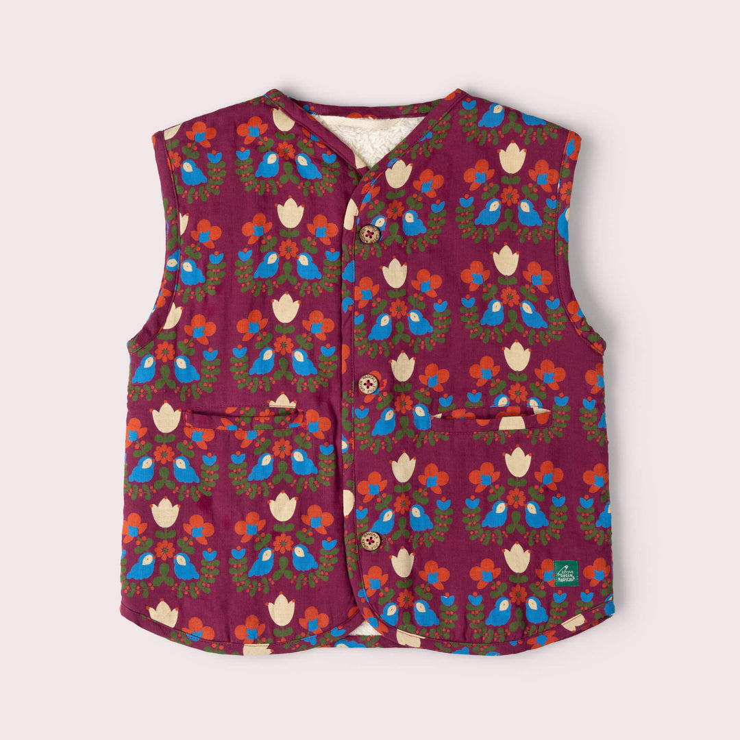 Folk Birds Sherpa Lined Reversible Gilet Purple / 7-8y