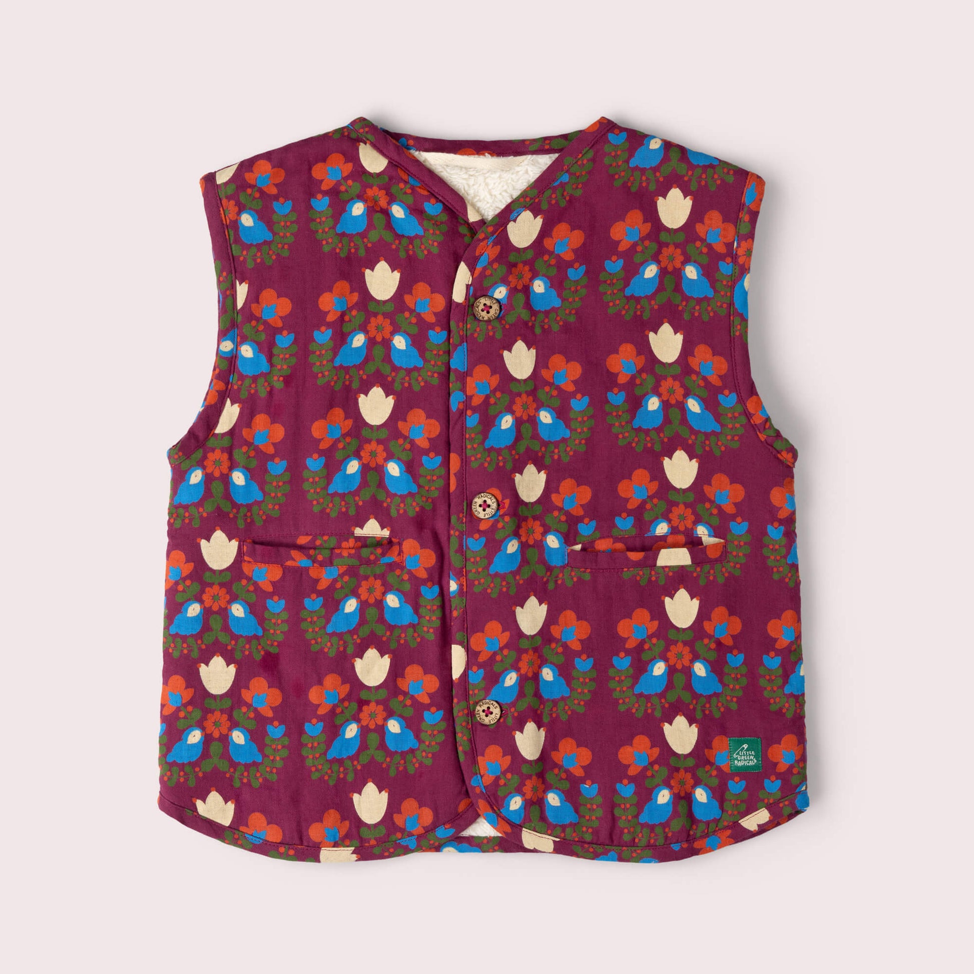 Folk Birds Sherpa Lined Reversible Gilet Purple / 7-8y