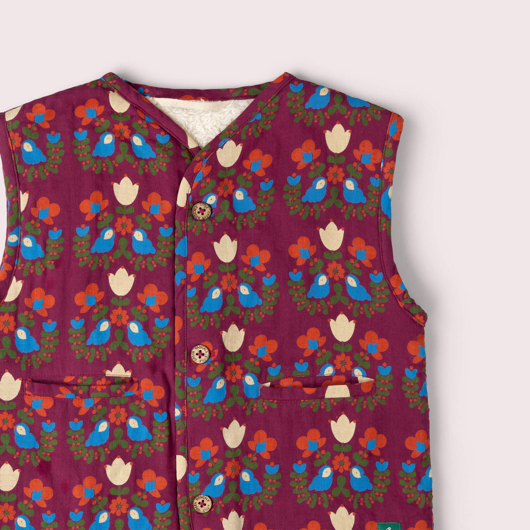 Folk Birds Sherpa Lined Reversible Gilet Purple / 7-8y