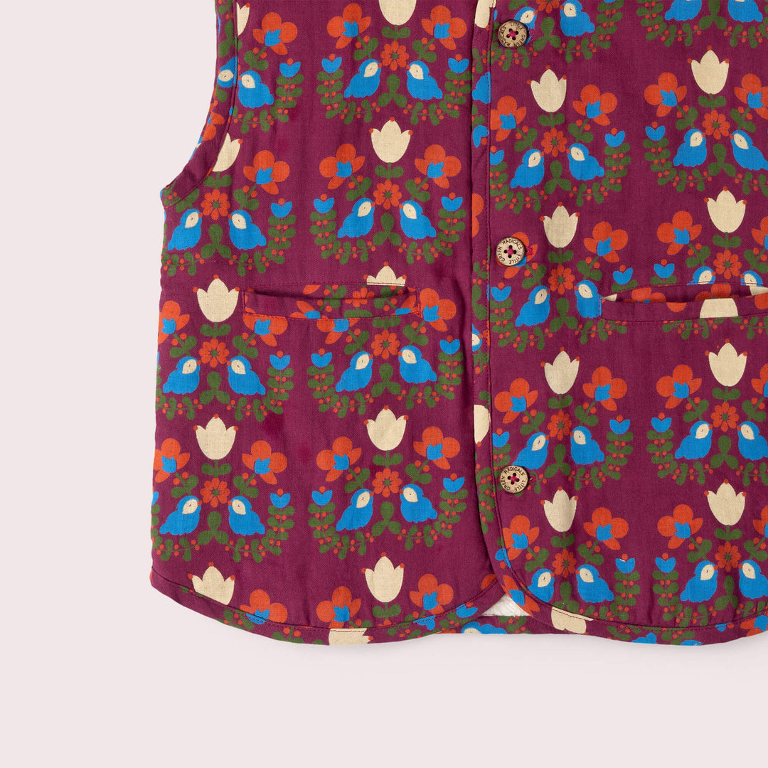 Folk Birds Sherpa Lined Reversible Gilet Purple / 7-8y