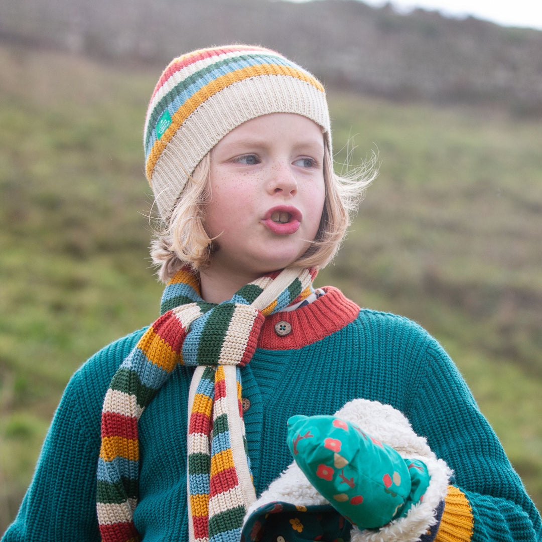 Rainbow Striped Knitted Beanie Hat - Lifestyle Photo