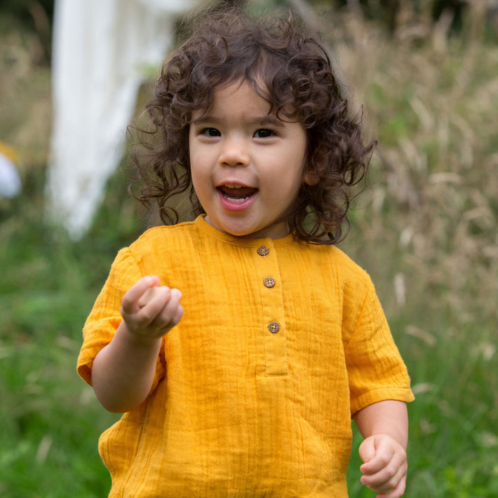 Gold Muslin Loose Henley Short Sleeve Top (SS24)