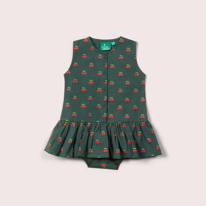 Olive Cherries Button Ruffle Romper