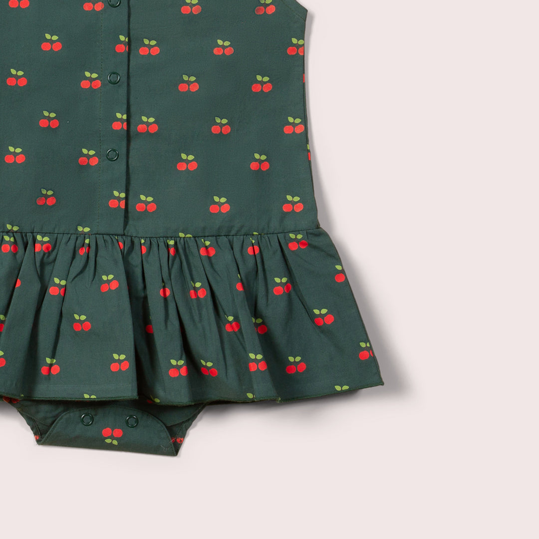 Olive Cherries Button Ruffle Romper