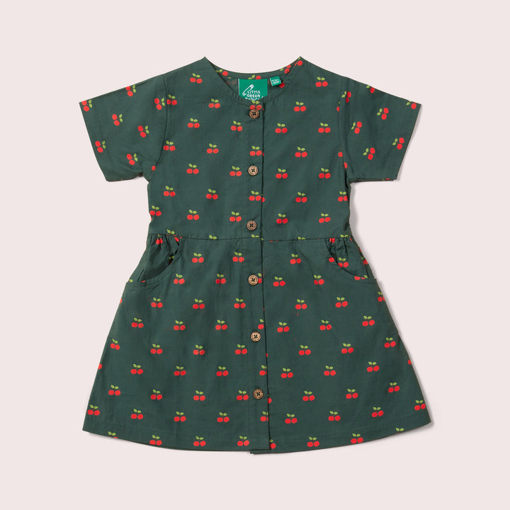 Olive Cherries Button Through Short Sleeve Dress