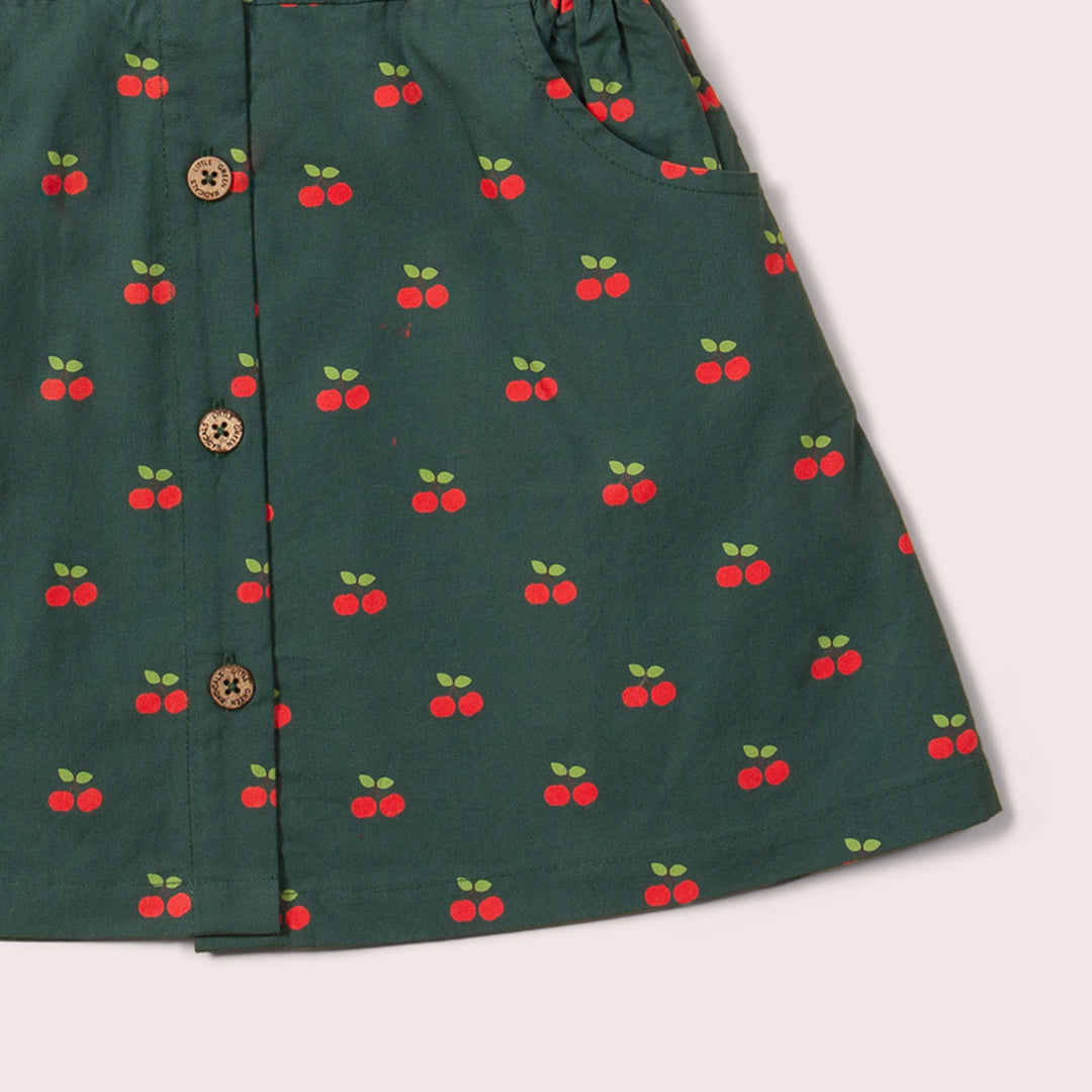 Olive Cherries Button Through Short Sleeve Dress