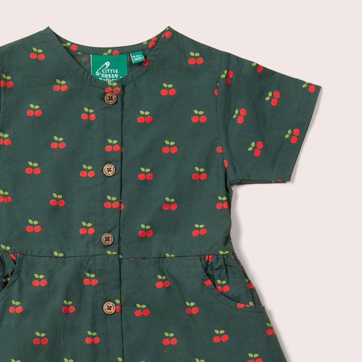 Olive Cherries Button Through Short Sleeve Dress