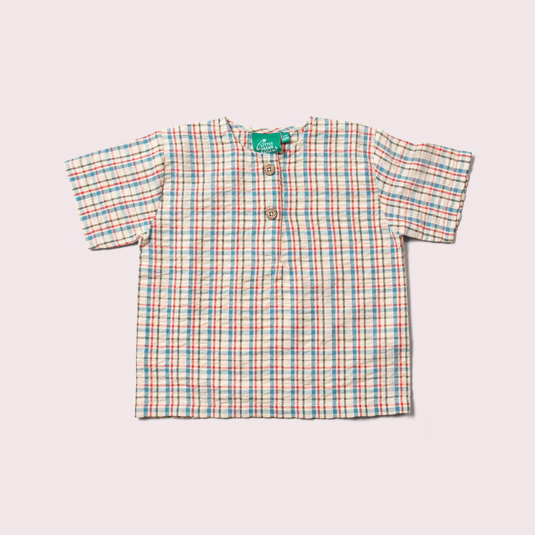 Checked Seersucker Loose Short Sleeve Henley Top