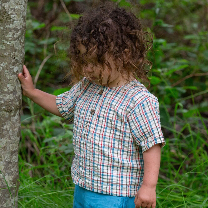 Checked Seersucker Loose Short Sleeve Henley Top