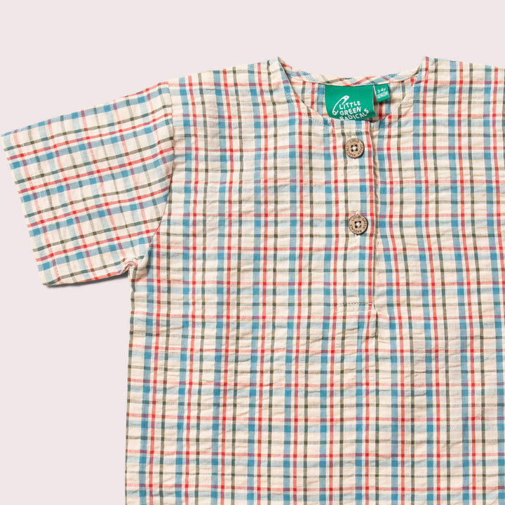 Checked Seersucker Loose Short Sleeve Henley Top