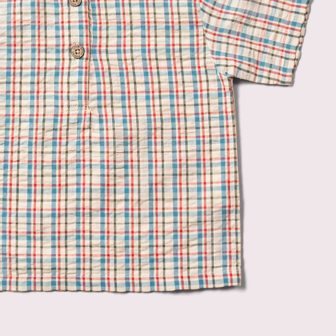 Checked Seersucker Loose Short Sleeve Henley Top