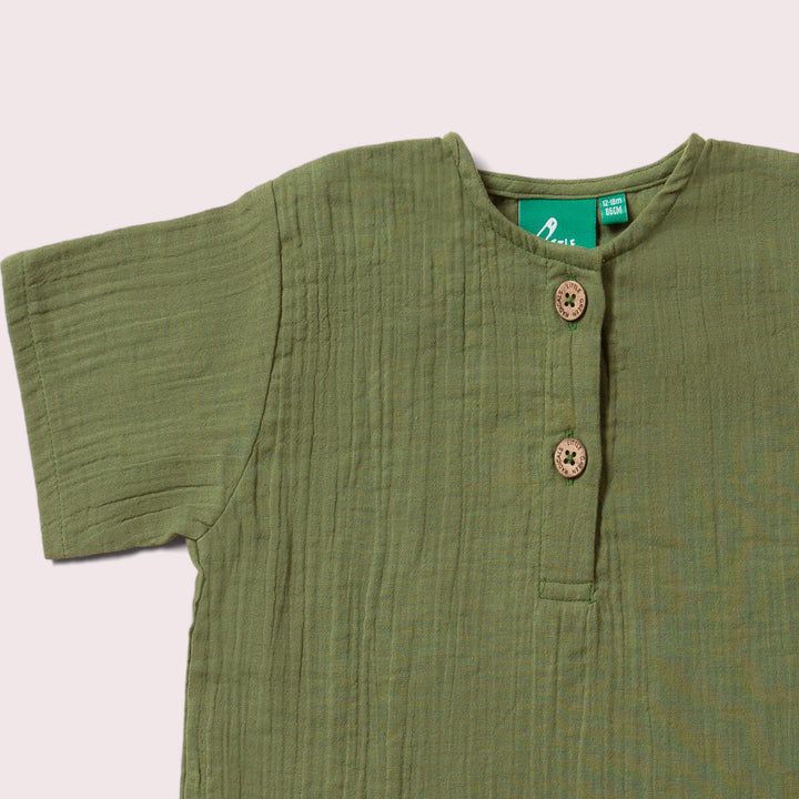 Chive Green Muslin Loose Fit Short Sleeve Henley Top