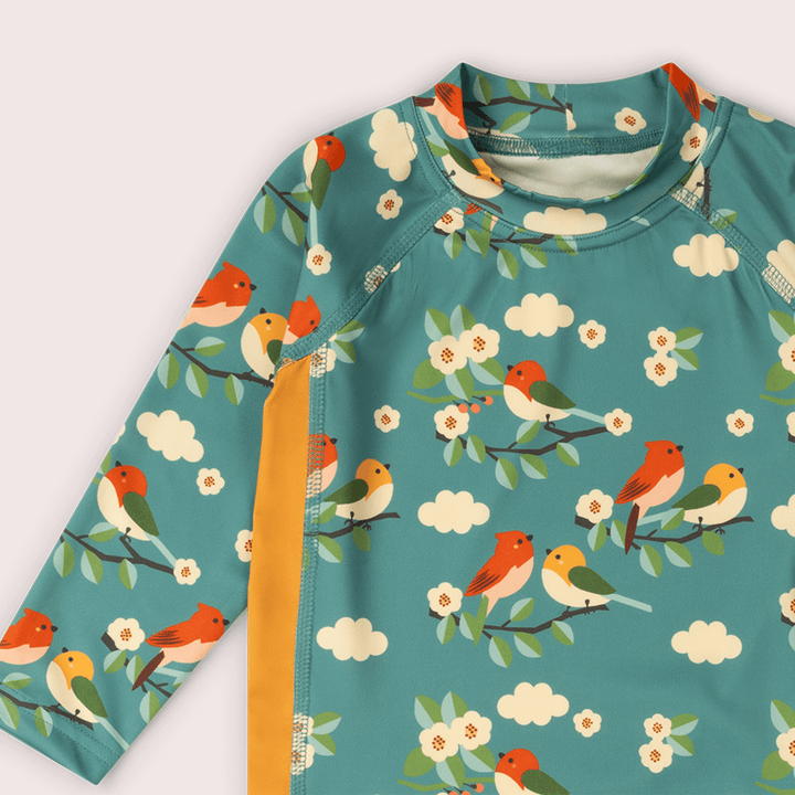 Turquoise Birds UPF 50 Sunsafe Long Sleeve Rash Vest