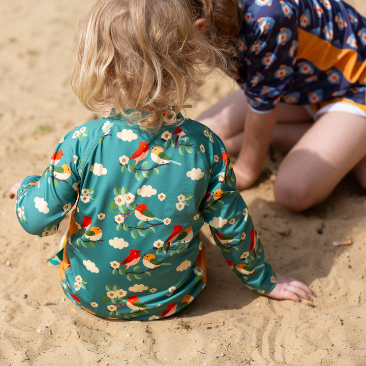 Turquoise Birds UPF 50 Sunsafe Long Sleeve Rash Vest