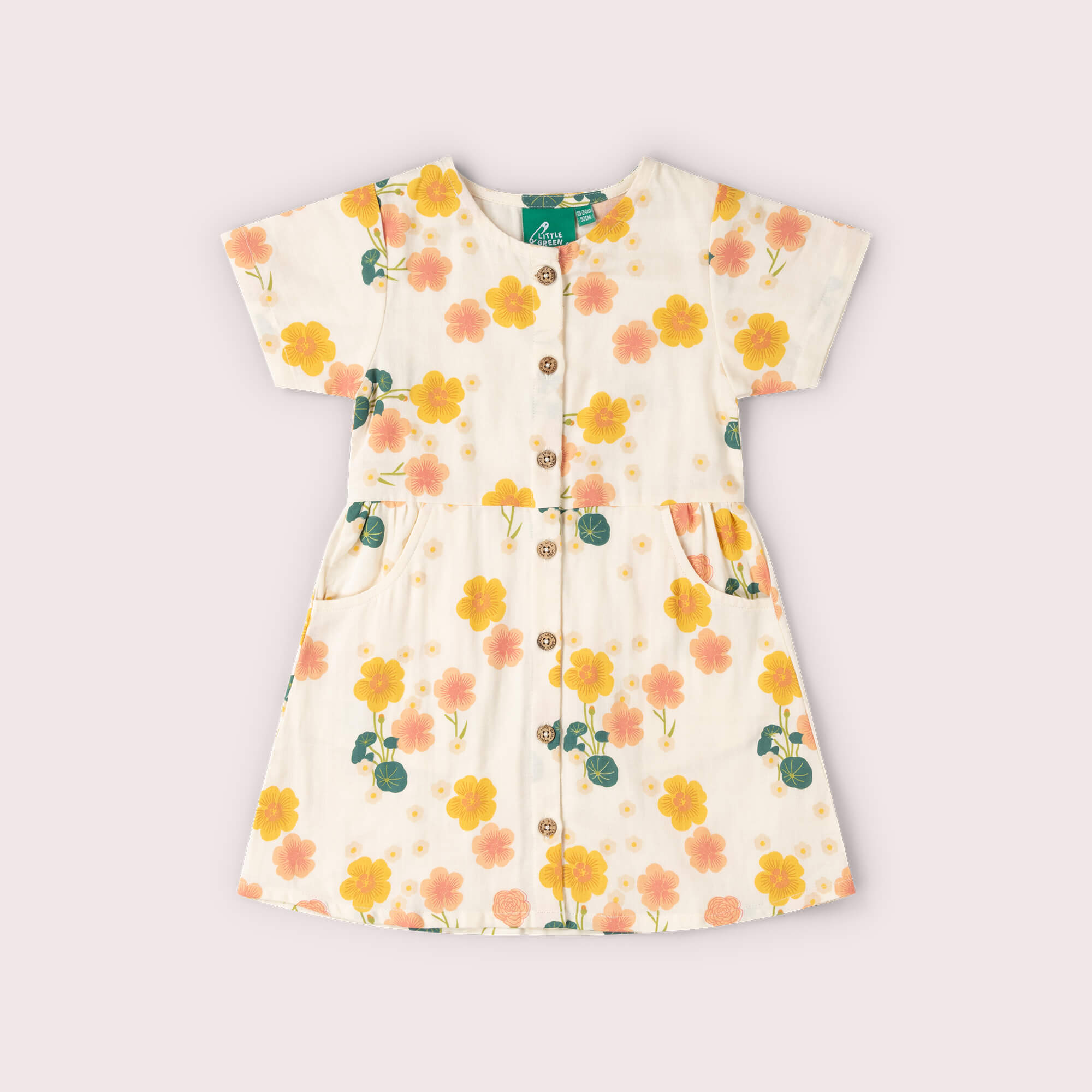 Flora Button Through Short Sleeve Dress Cream / 18-24m