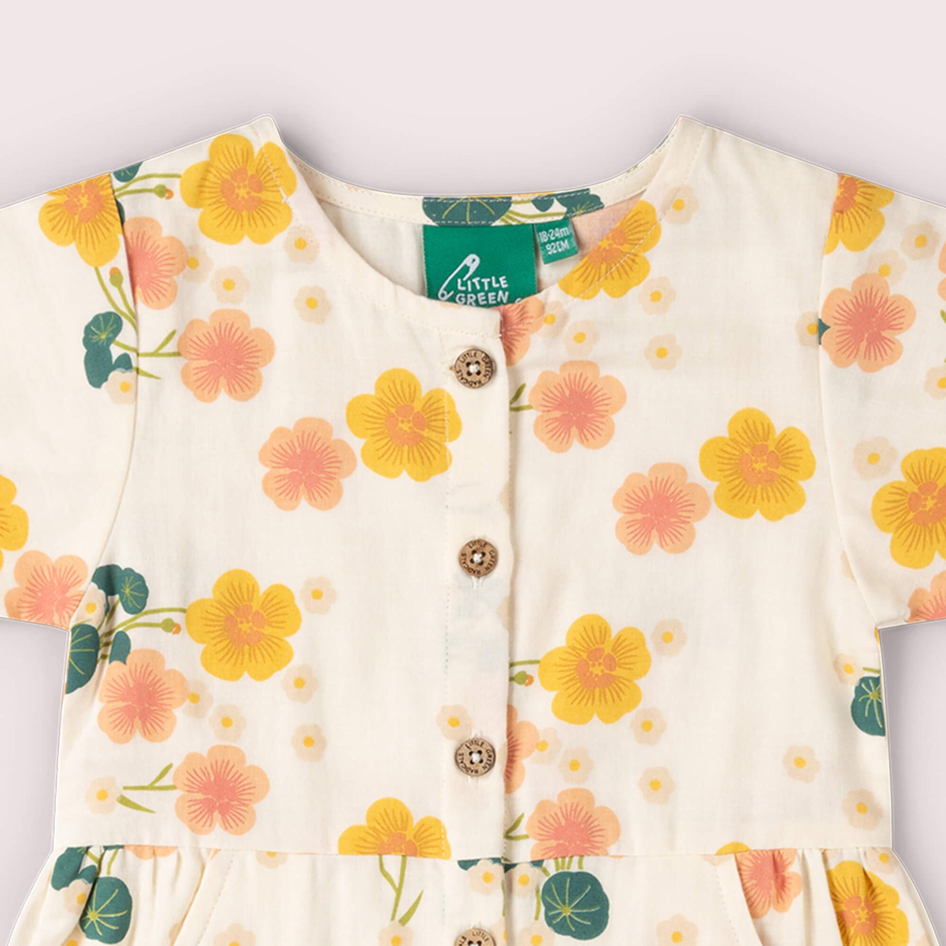 Flora Button Through Short Sleeve Dress Cream / 18-24m