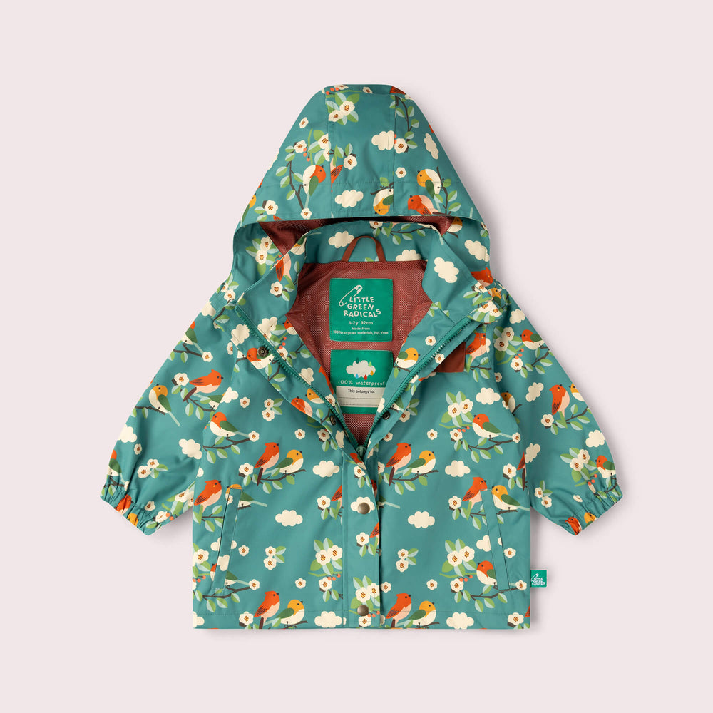 Turquoise Birds Recycled Waterproof Raincoat Turquoise / 7-8y