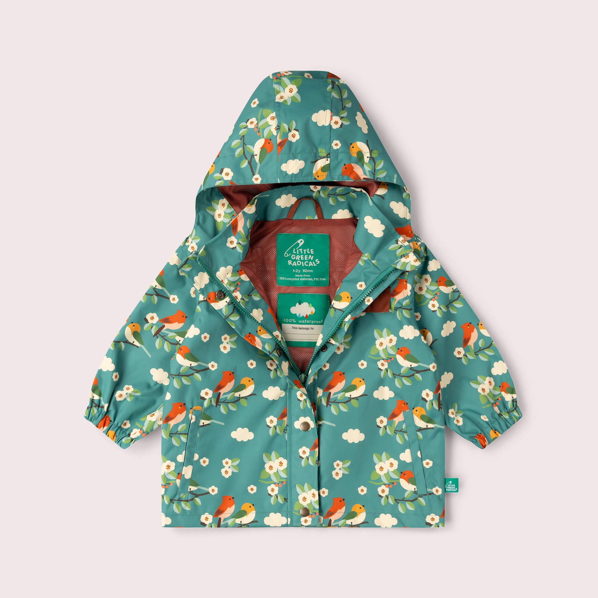 Turquoise Birds Recycled Waterproof Raincoat Turquoise / 7-8y