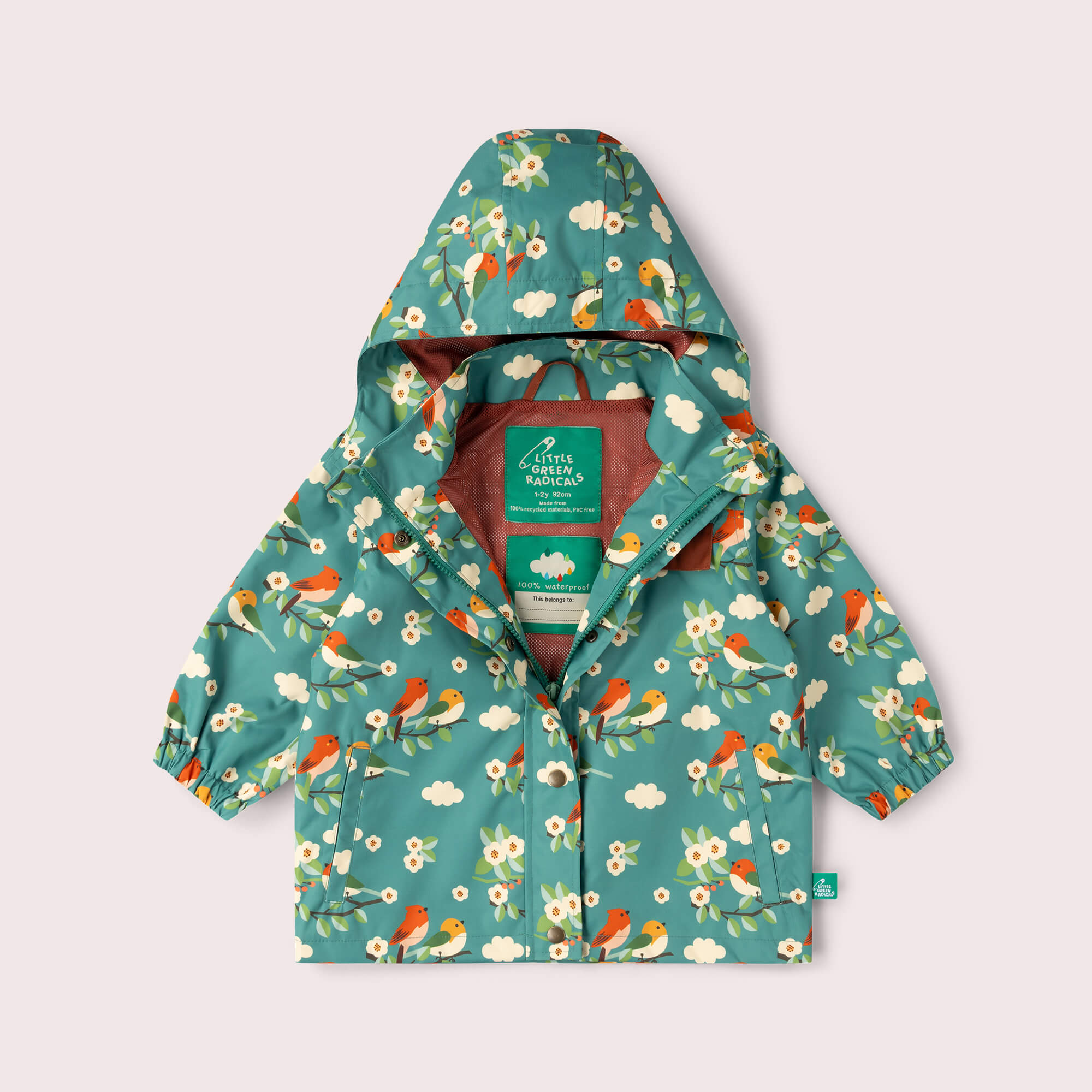 Turquoise Birds Recycled Waterproof Raincoat Turquoise / 7-8y