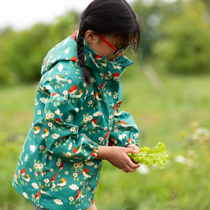 Turquoise Birds Recycled Waterproof Raincoat Turquoise / 7-8y
