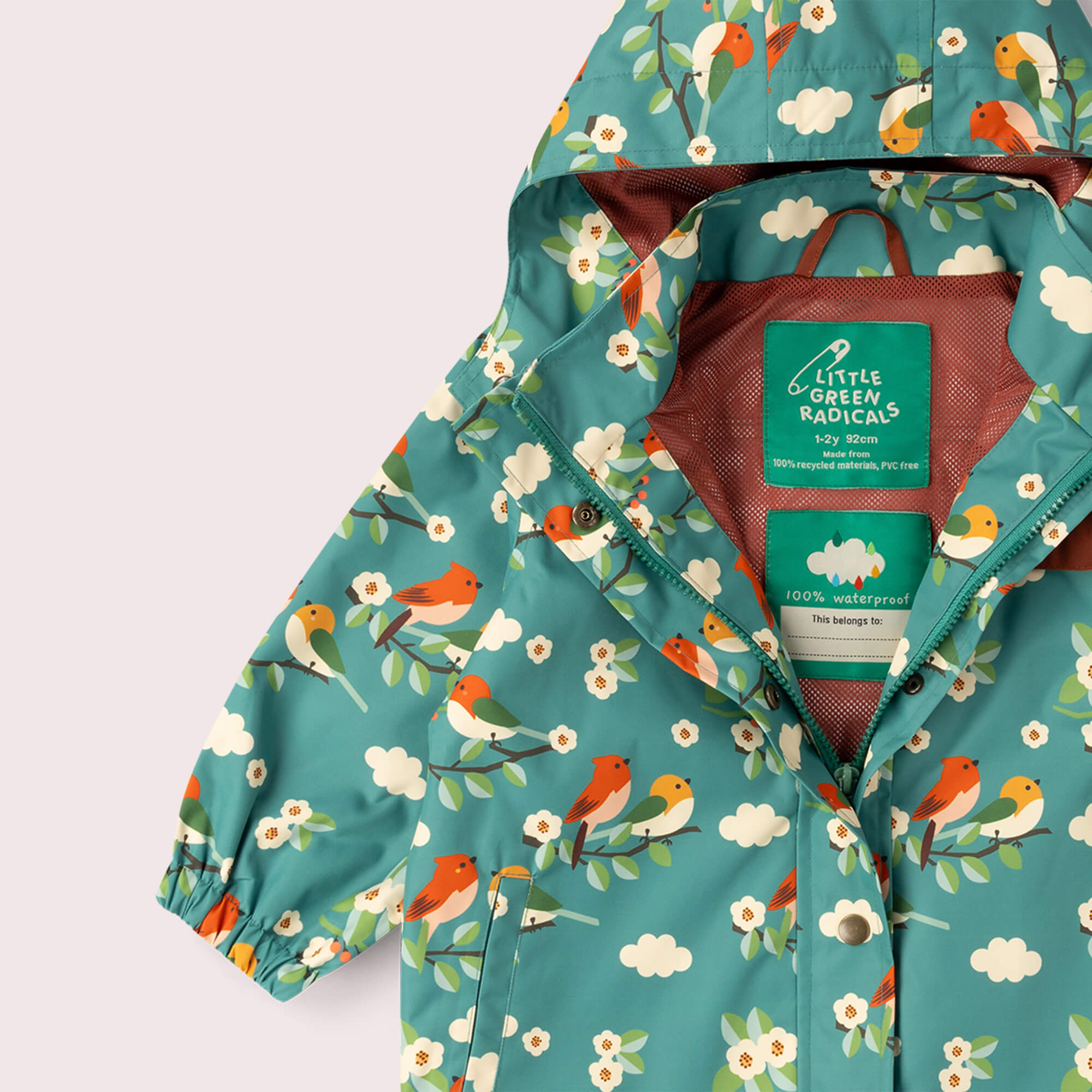 Turquoise Birds Recycled Waterproof Raincoat Turquoise / 7-8y