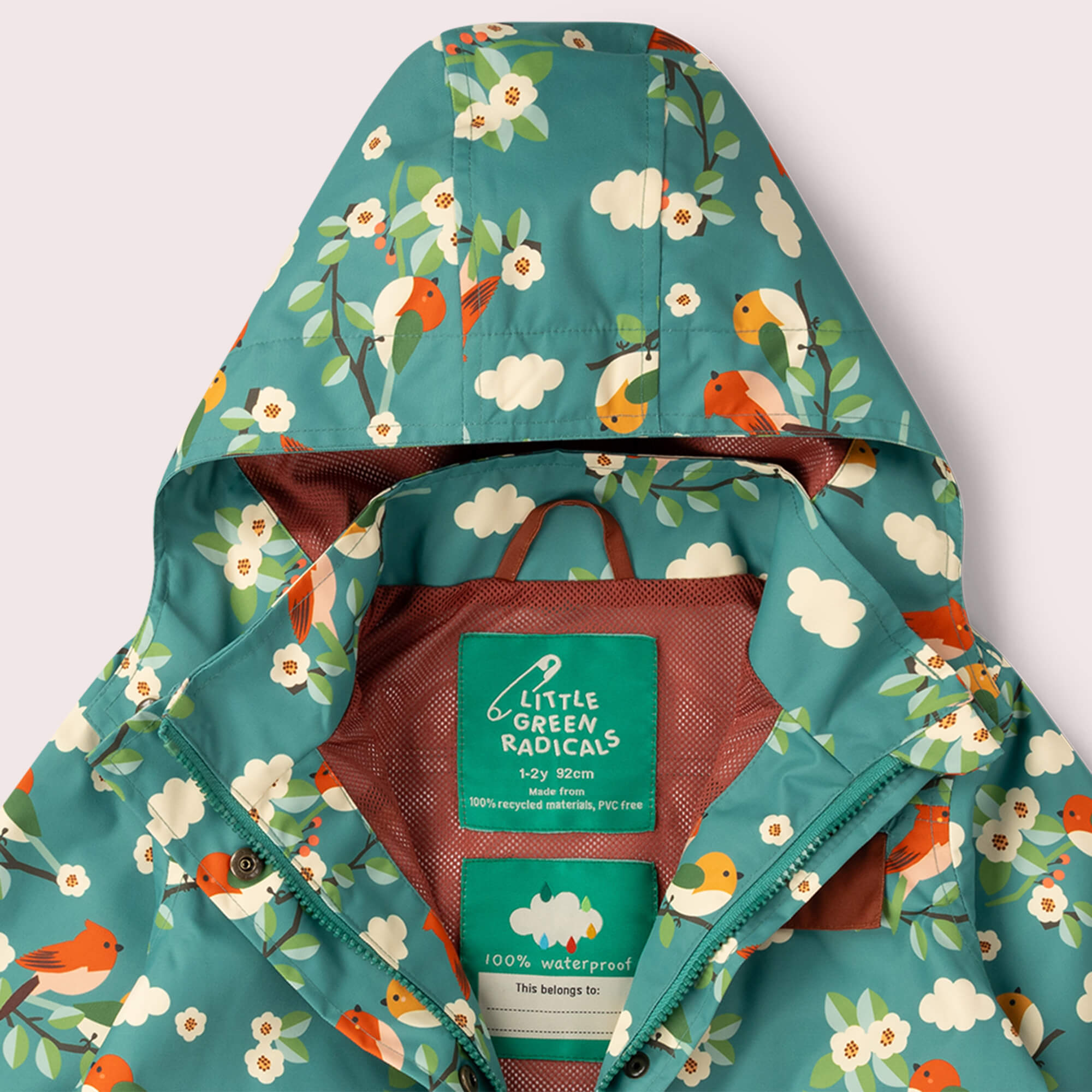 Turquoise Birds Recycled Waterproof Raincoat Turquoise / 7-8y