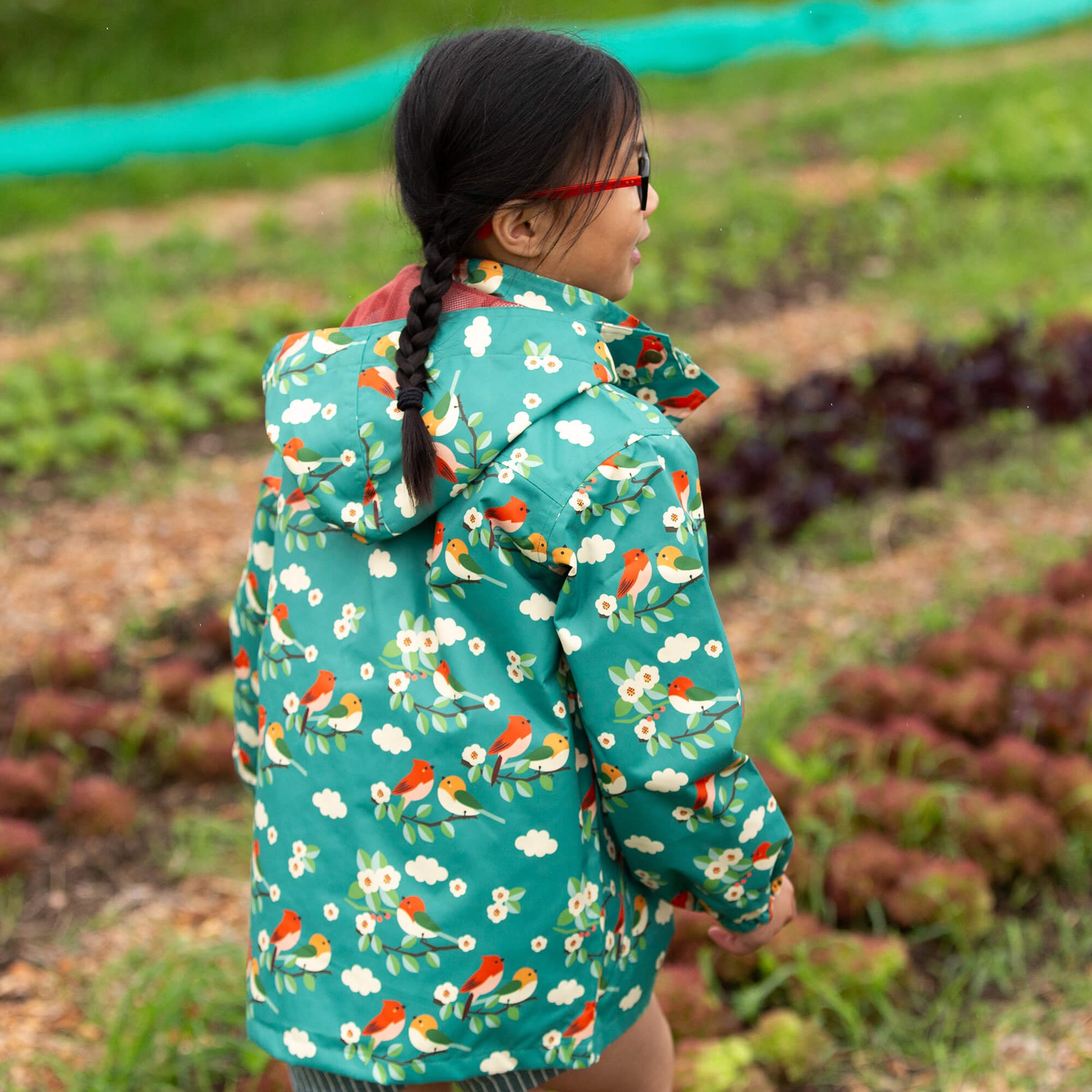 Turquoise Birds Recycled Waterproof Raincoat Turquoise / 7-8y