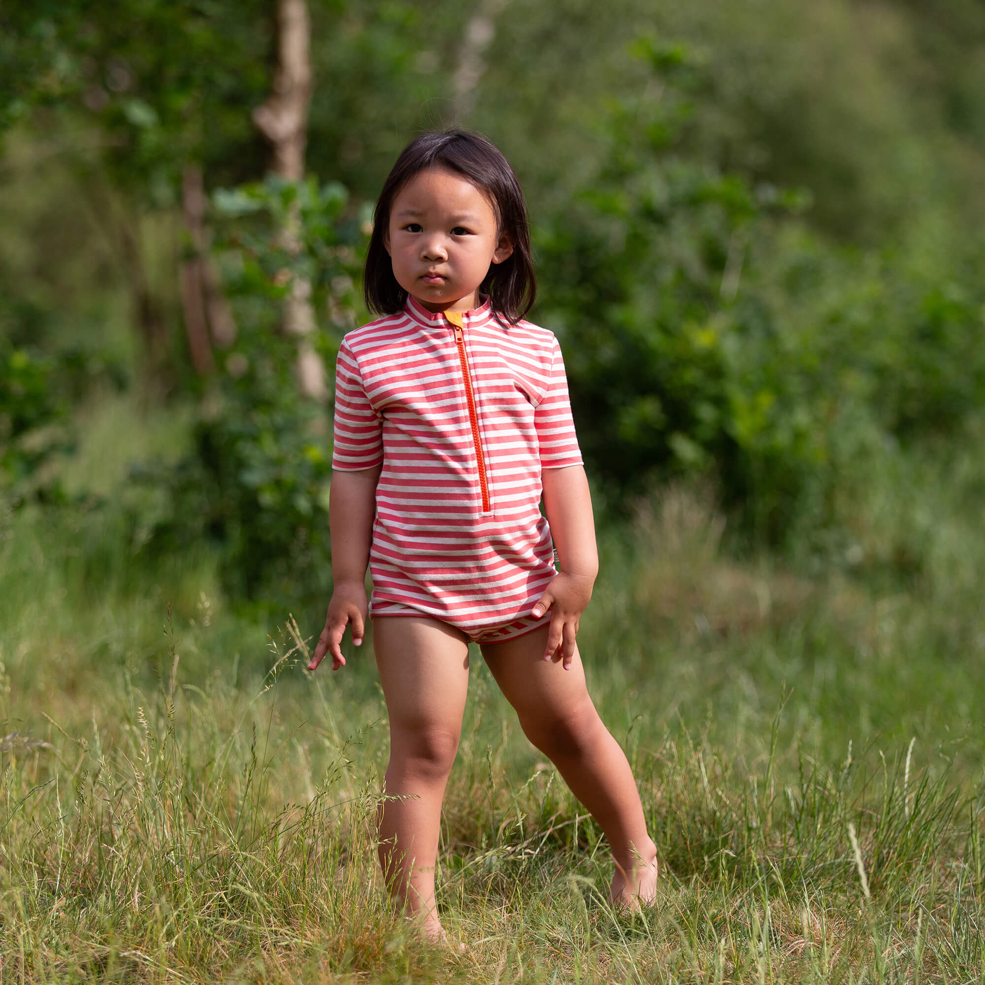 Red Striped UPF 50 Short Sleeve Swimsuit Red / 7-8y