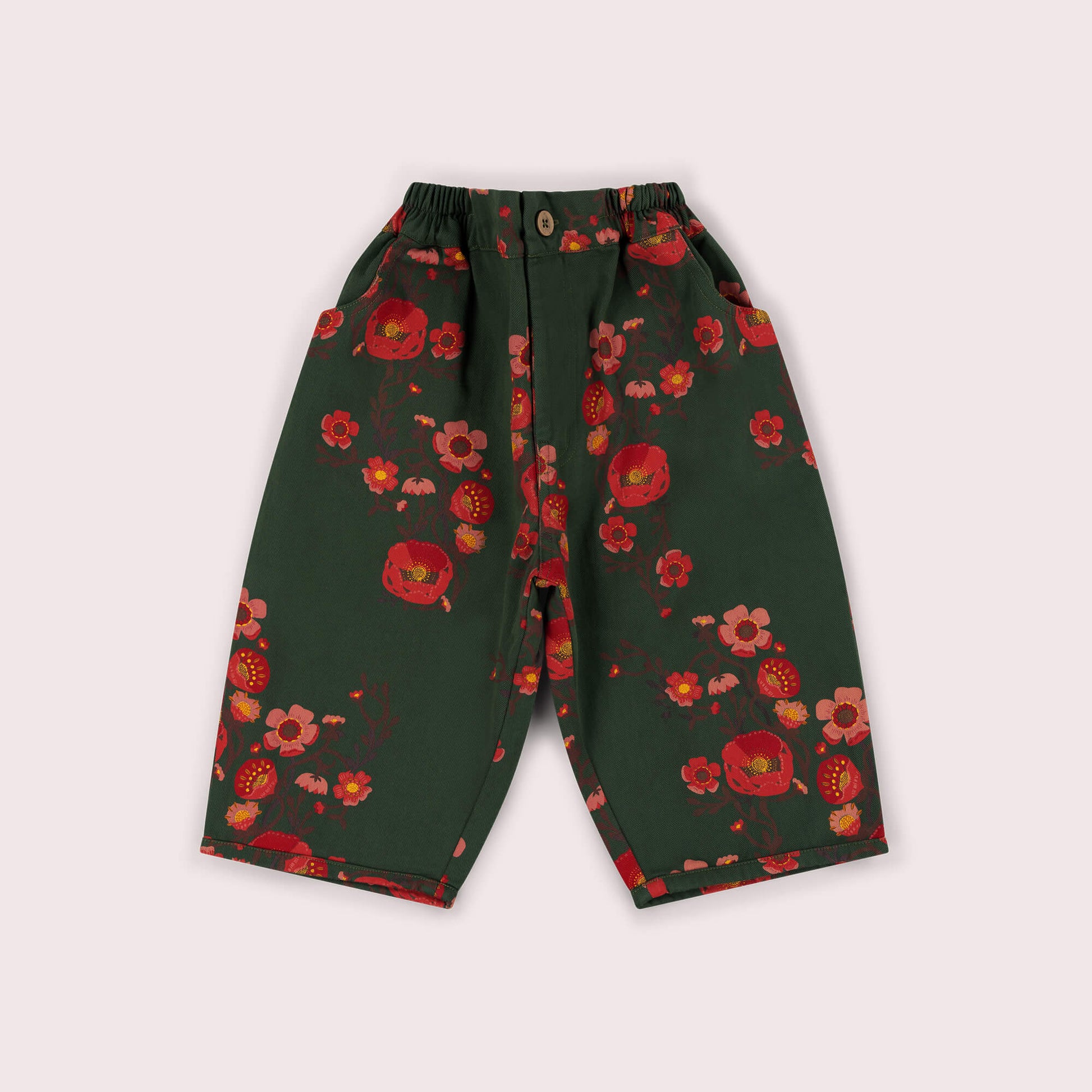 Olive Poppies Barrel Trousers Green / 7-8y