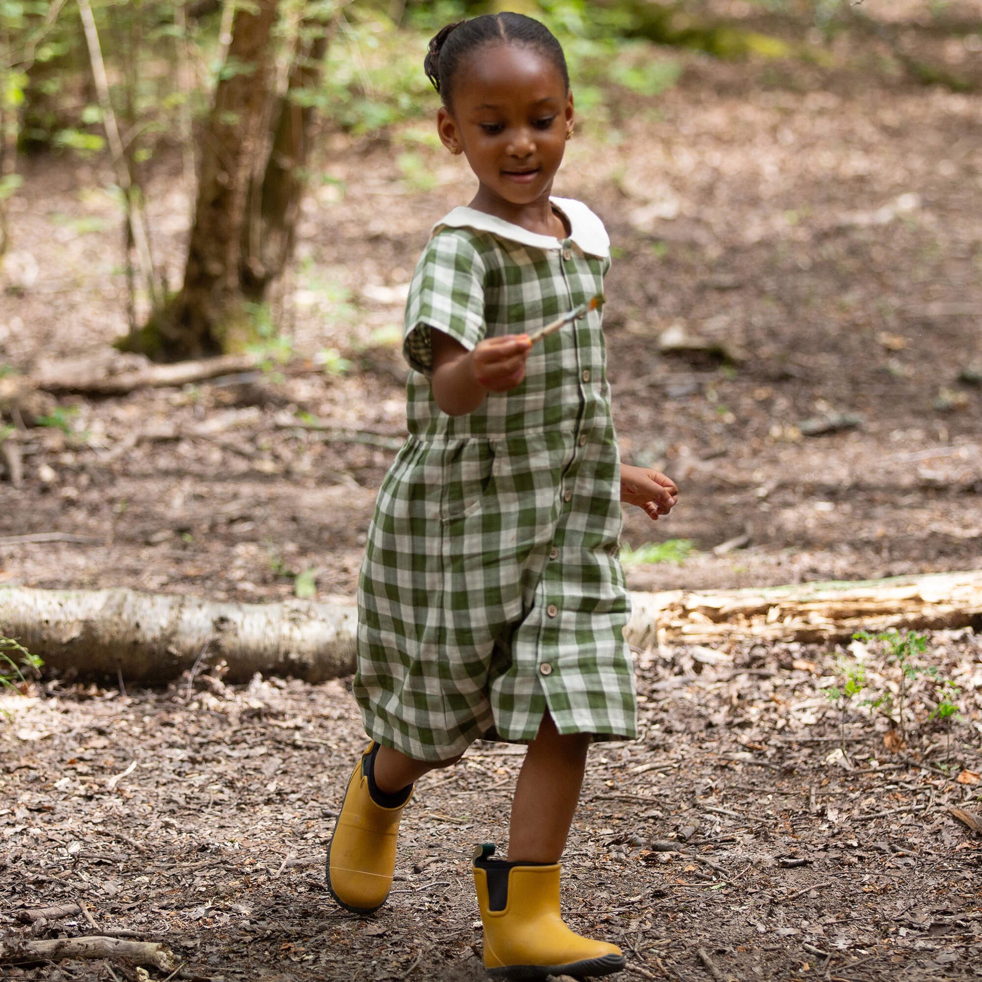 Chive Green Check Button Through Short Sleeve Dress Green / 7-8y