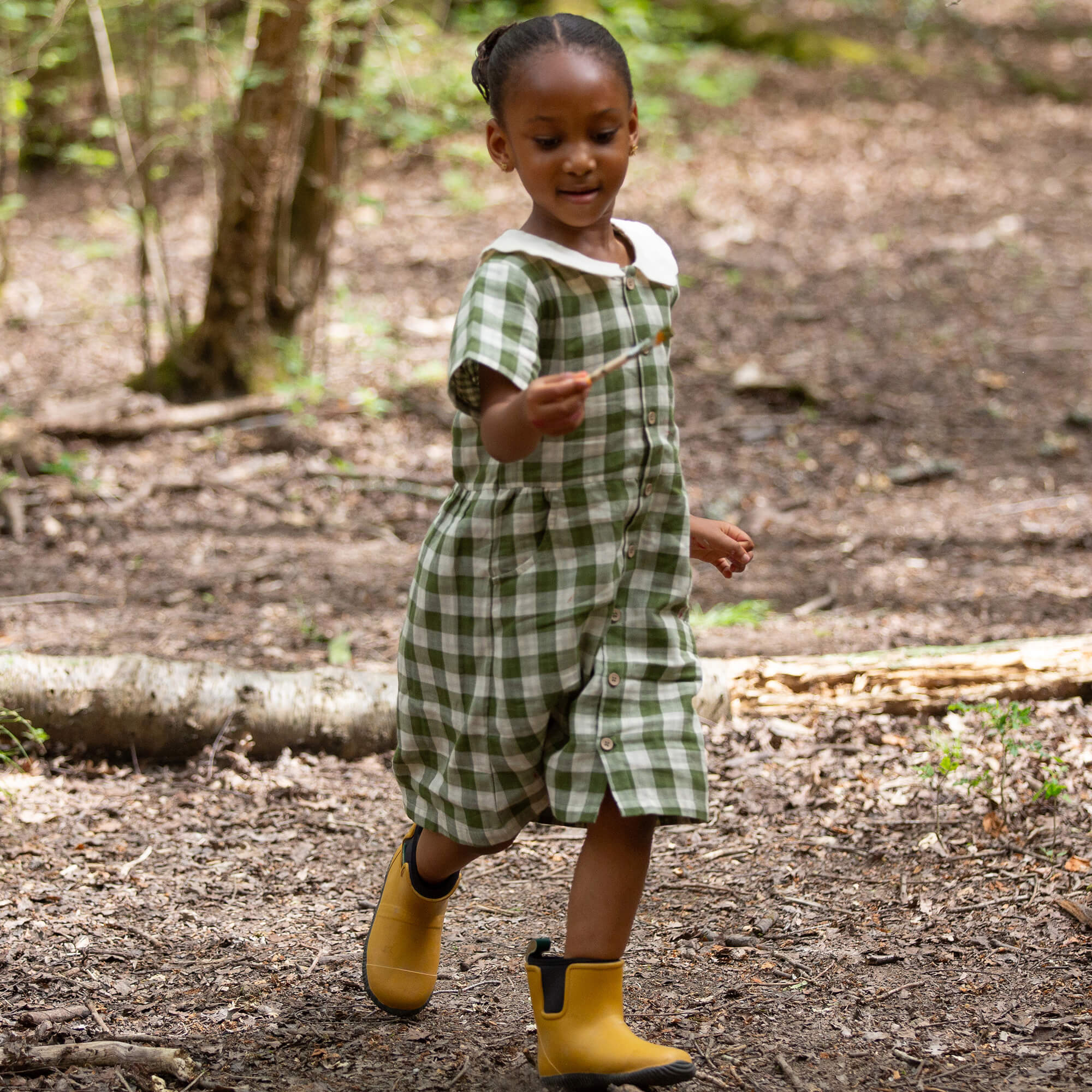 Chive Green Check Button Through Short Sleeve Dress Green / 7-8y
